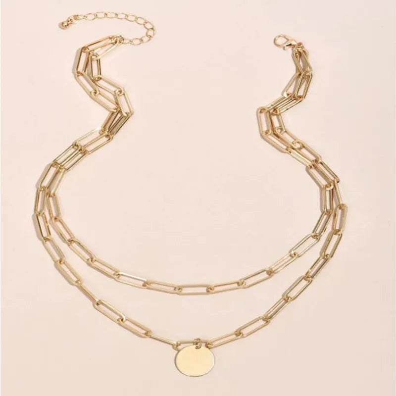 Round Charm Double Layer Paperclip Chain Necklace