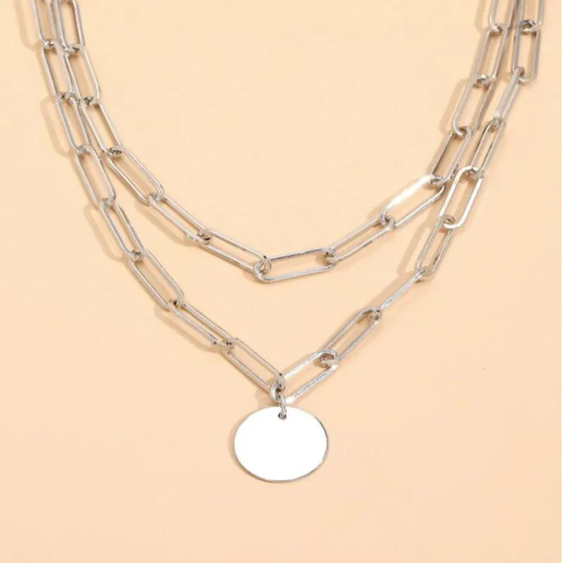 Round Charm Double Layer Paperclip Chain Necklace