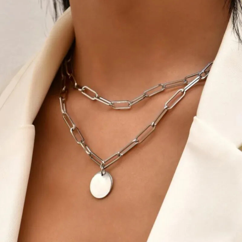 Round Charm Double Layer Paperclip Chain Necklace