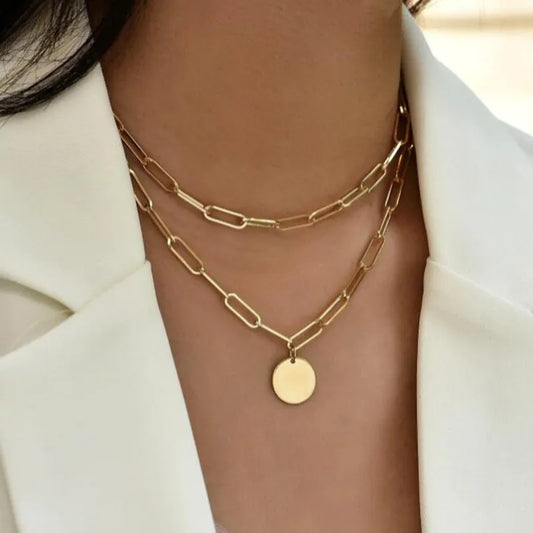 Round Charm Double Layer Paperclip Chain Necklace